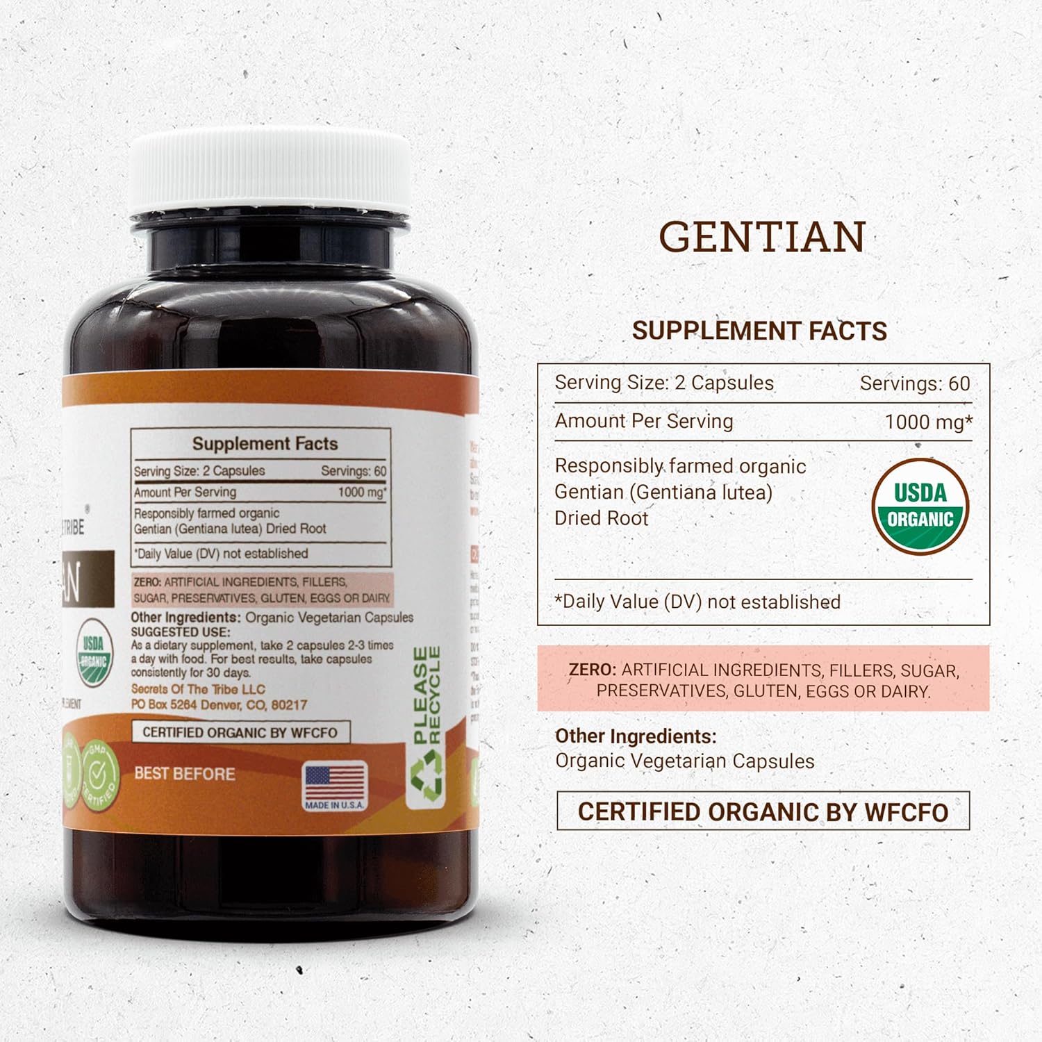 Secrets of the Tribe Gentian USDA Organic Capsules | Certified Organic Vegetarian Capsules, Herbal Dietary Supplement | Gentiana Lutea Dried Root (120 Count)