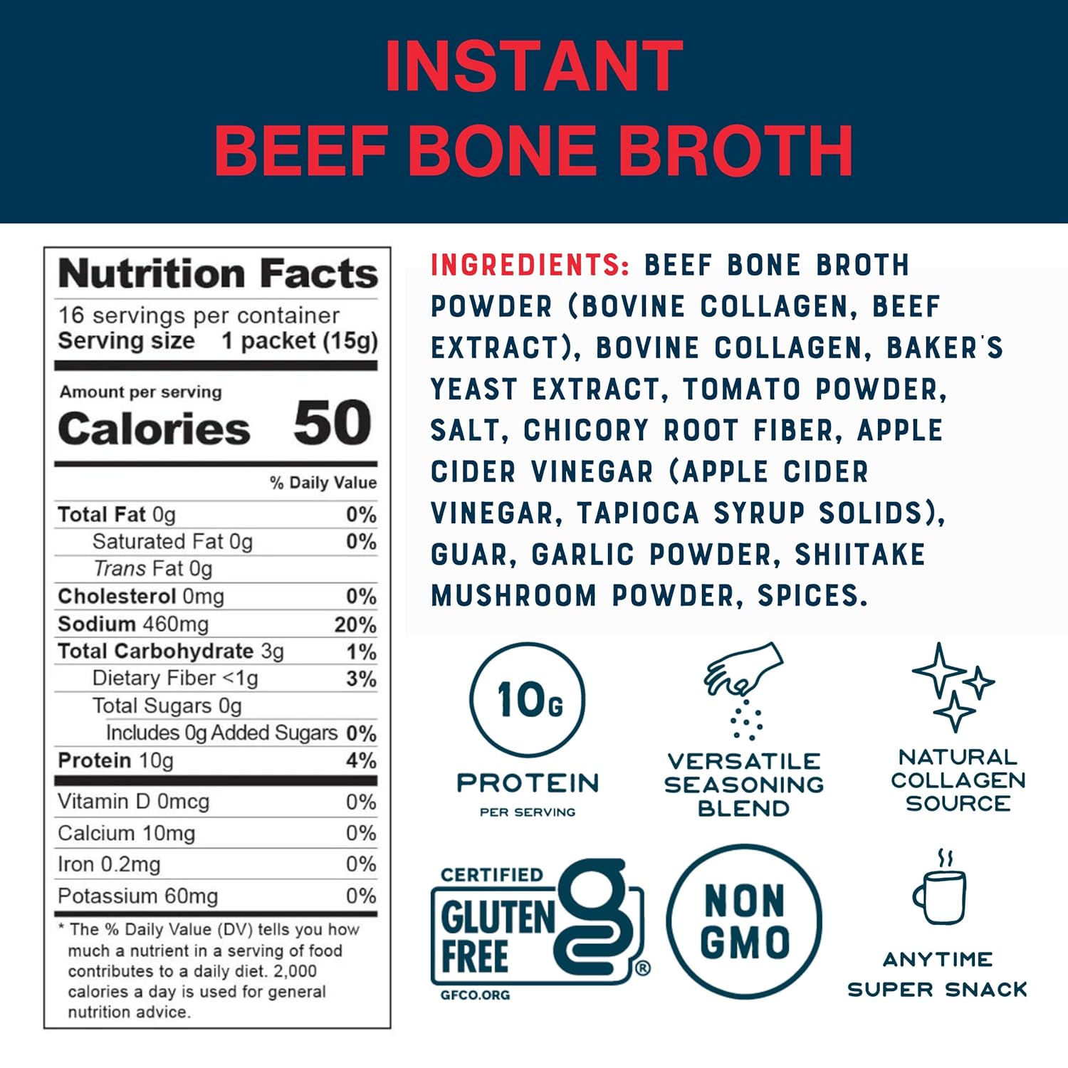 Bare Bones Beef Bone Broth Instant Powdered Mix | Rich Savory Packets on-the-Go No Artificial Flavors | 100% Grass Fed Keto & Paleo Friendly | Sticks 10g Protein | 32 Pack