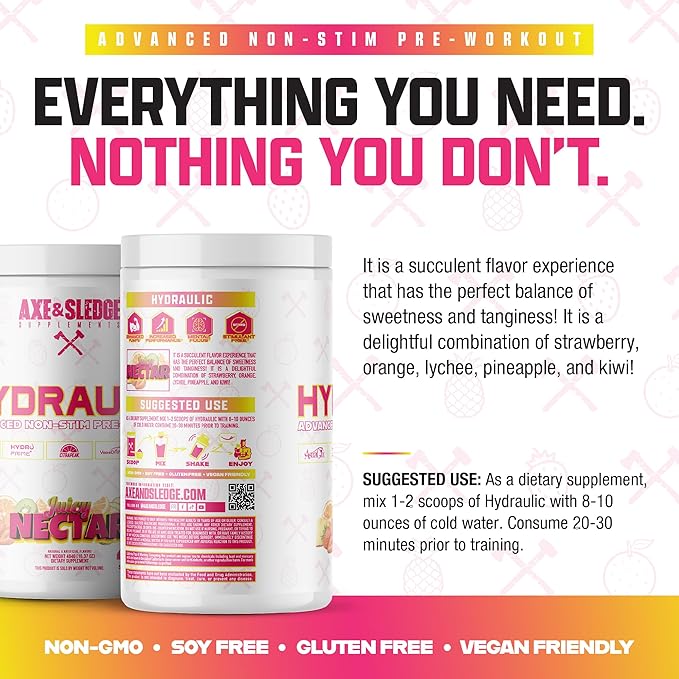 Axe & Sledge Hydraulic Stim-Free Pre-Workout Powder for Men & Women | Performance, Stamina, Focus, Pumps | L-Citrulline, Beta Alanine, Creatine, Caffeine-Free, Juicy Nectar
