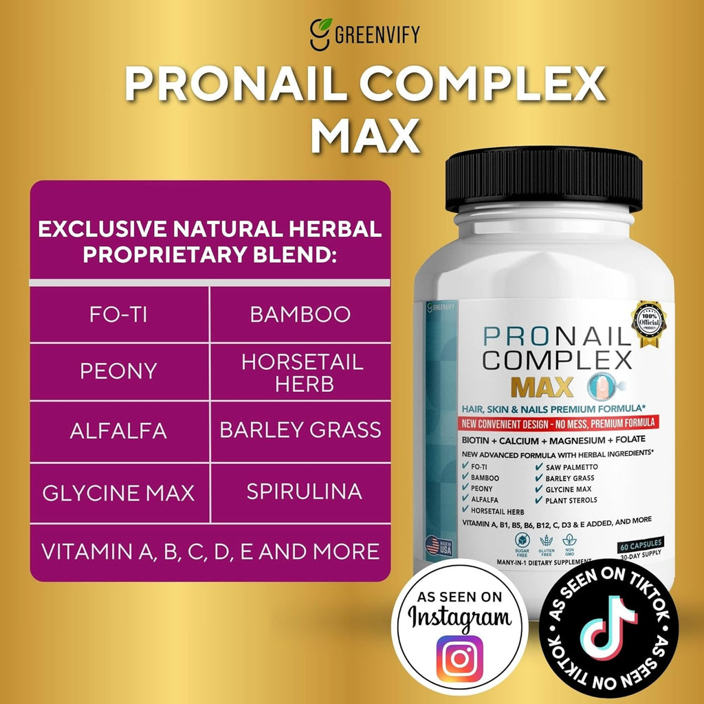 ProNail Complex Max Hair, Skin & Nails Premium Supplement with Biotin & Herbal Blend, 60 Capsules, 30 Day Supply (3)