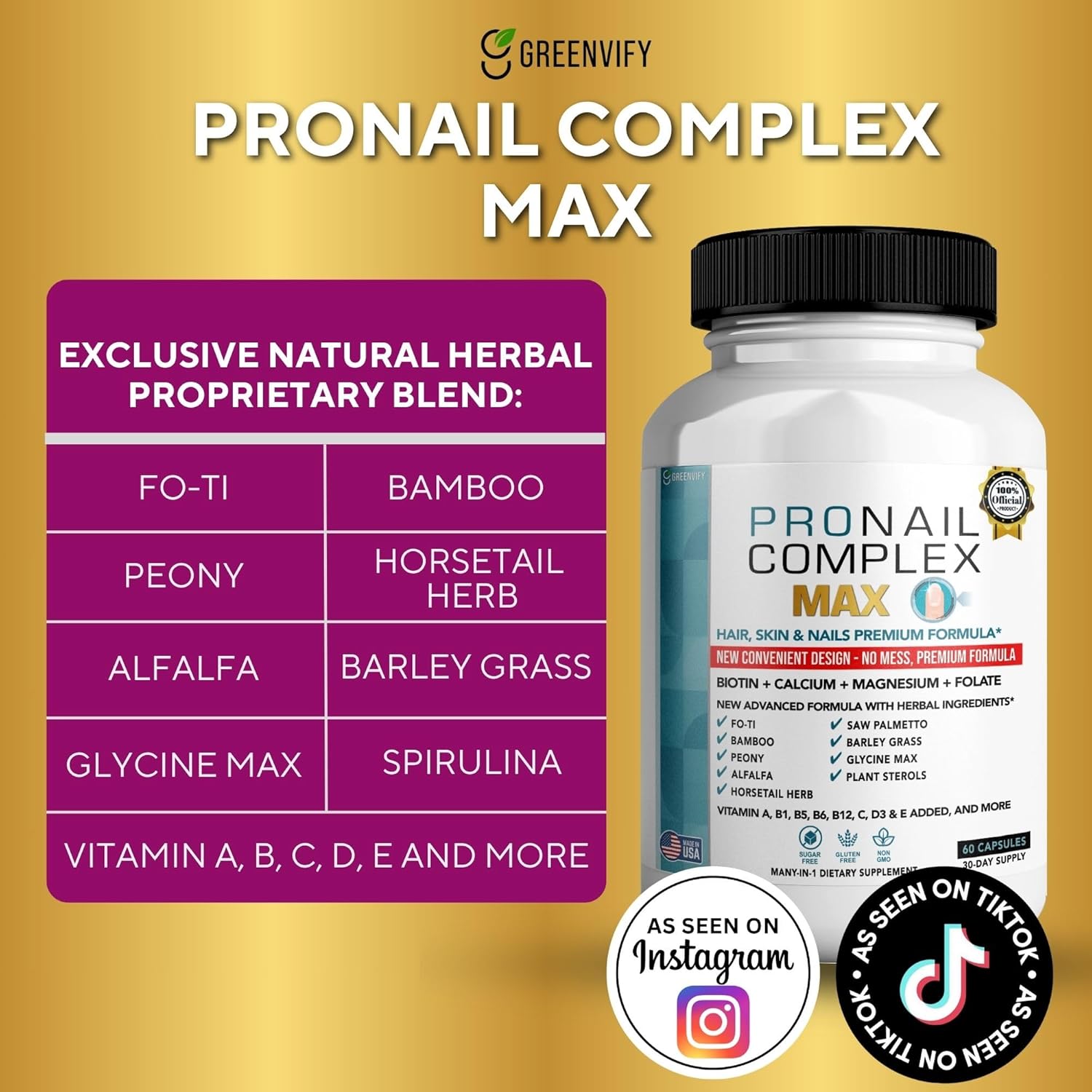 ProNail Complex Max Hair, Skin & Nails Premium Supplement with Biotin & Herbal Blend, 60 Capsules, 30 Day Supply (3)