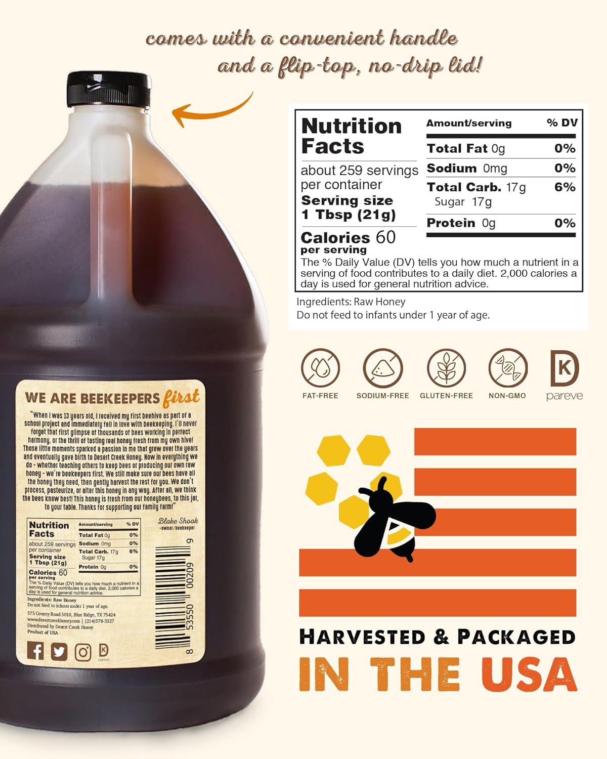 Desert Creek Honey - 100% Unfiltered, Pure, Raw Honey from Texas - Natural Sugar Substitute - One Gallon of Bulk Unprocessed, Unpasteurized American Honey - Harvested by Our Own Beekeepers