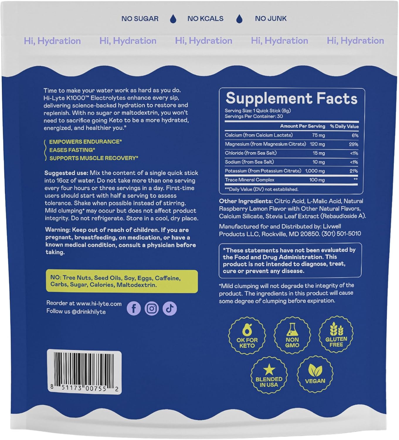 Hi-Lyte K1000 Electrolytes Sticks Raspberry Lemon Keto & Performance, 30 Servings