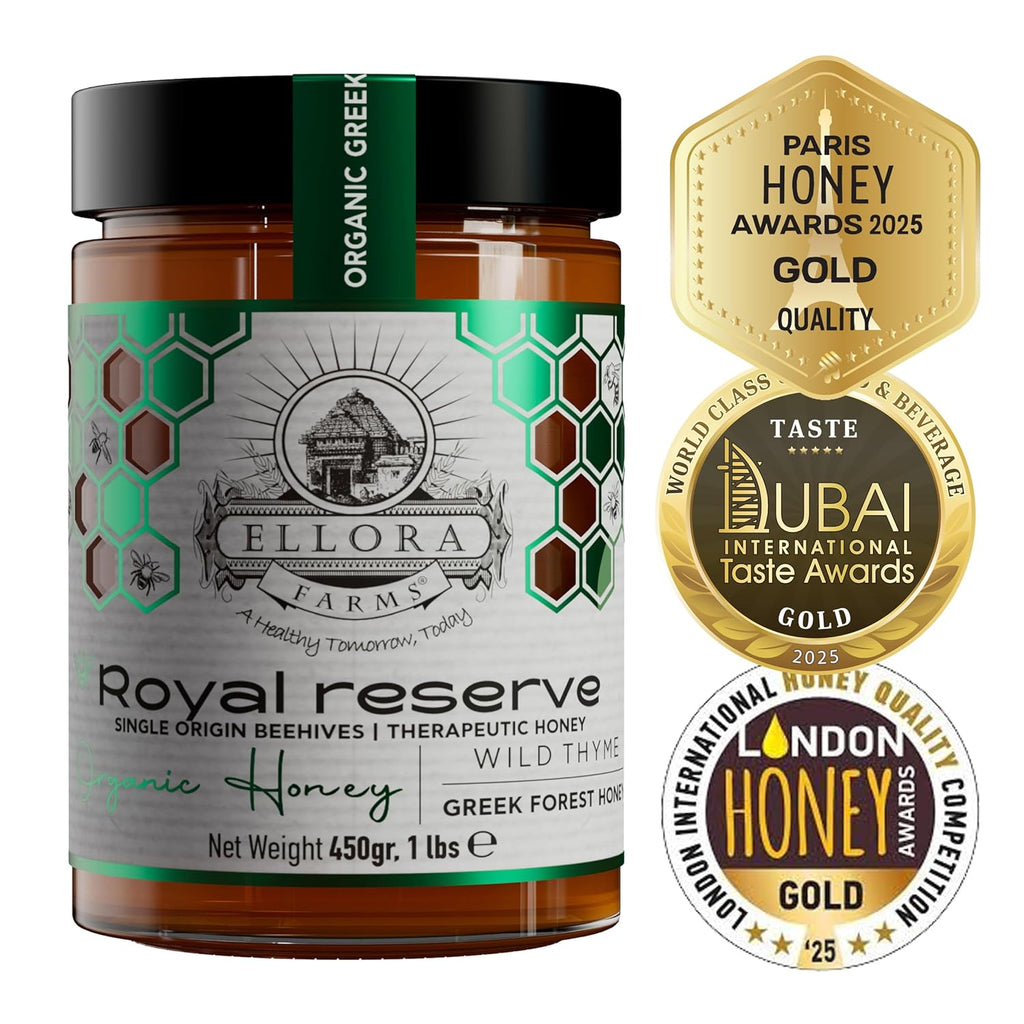Ellora Farms Organic Honey, Wild Thyme Raw Honey Organic Unfiltered, Preservative and Additive Free, 2025 Paris and Dubai Gold Awards Winner, Gift Pack with Dipper - 450 g