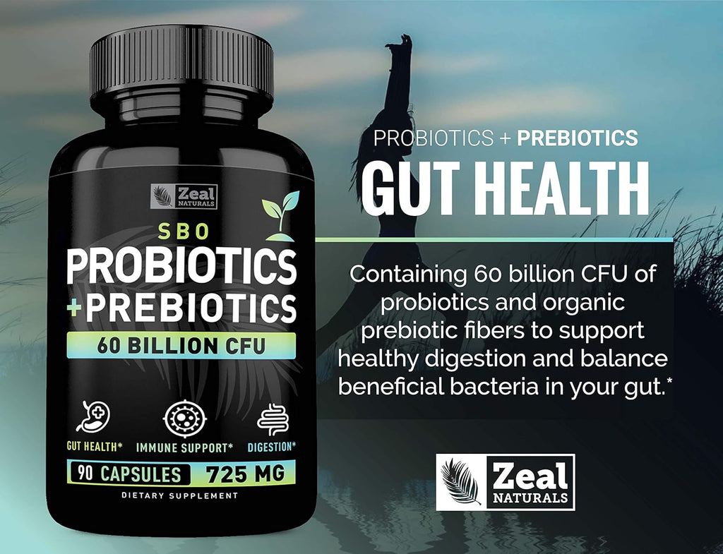 Probiotics and Prebiotics + SBO Probiotics (60 Billion CFU | 90 Capsules) Acidophilus Probiotic w. Saccharomyces Boulardii, Bifidobacterium + Spore Probiotic & Organic Sprouted Prebiotic Fiber Blend