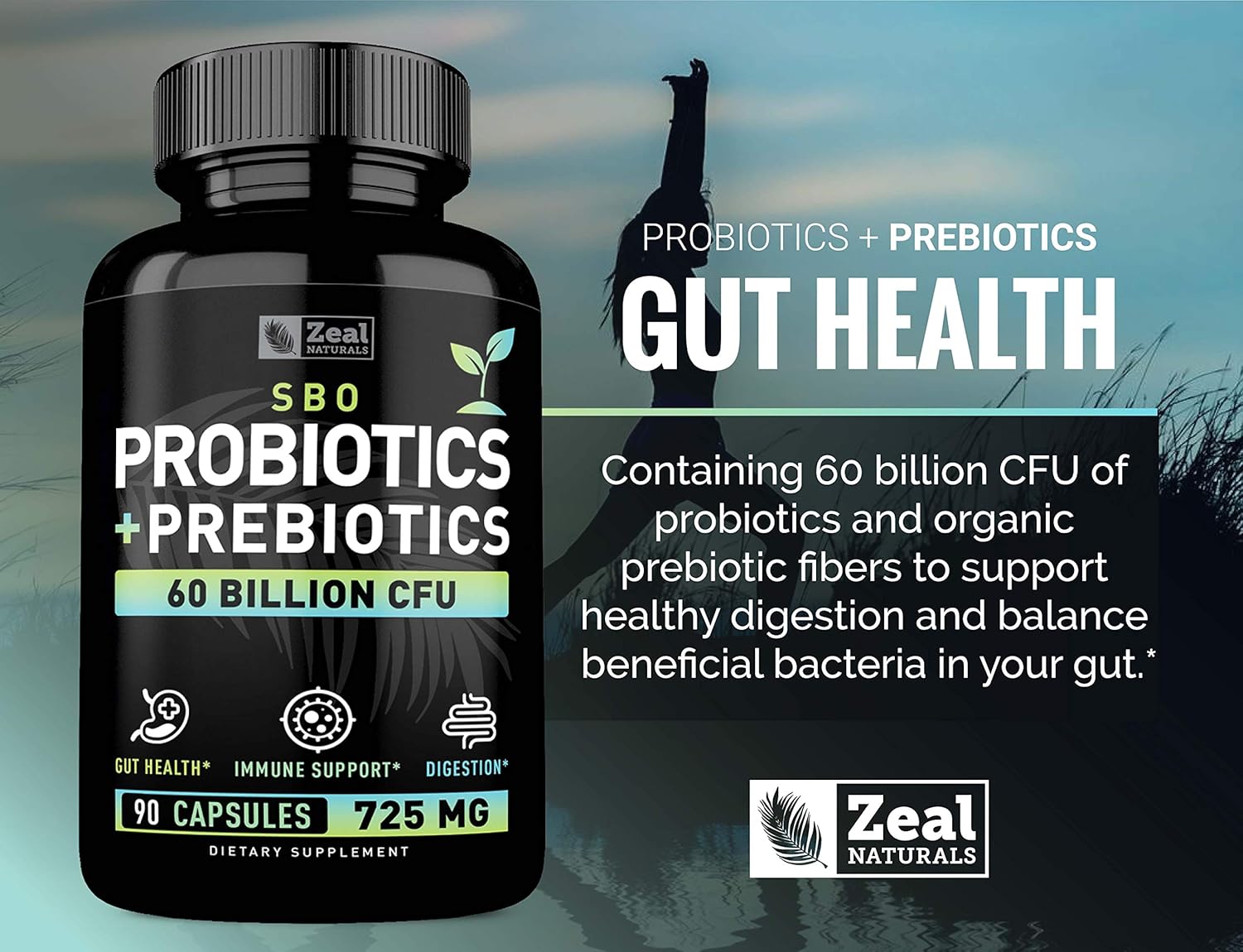 Probiotics and Prebiotics + SBO Probiotics (60 Billion CFU | 90 Capsules) Acidophilus Probiotic w. Saccharomyces Boulardii, Bifidobacterium + Spore Probiotic & Organic Sprouted Prebiotic Fiber Blend