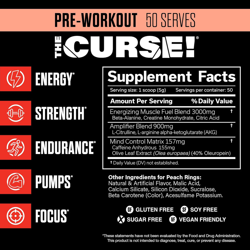 JNX SPORTS The Curse! Pre Workout Powder for Men & Women, Caffeine, Beta-Alanine, Creatine, L-Citrulline, 50 Servings, Peach Rings Flavor – Boost Energy, Strength & Focus