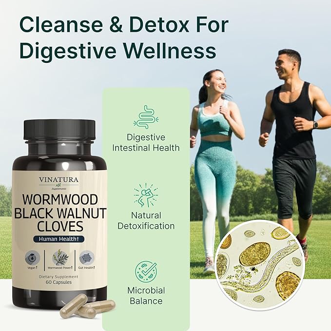 VINATURA Wormwood Black Walnut Clove Capsules - Cleanse, Detox, Intestinal Guard Formula Supplement for Humans, with Wormwood herb, Black Walnut Extract Combination, 60 Capsules