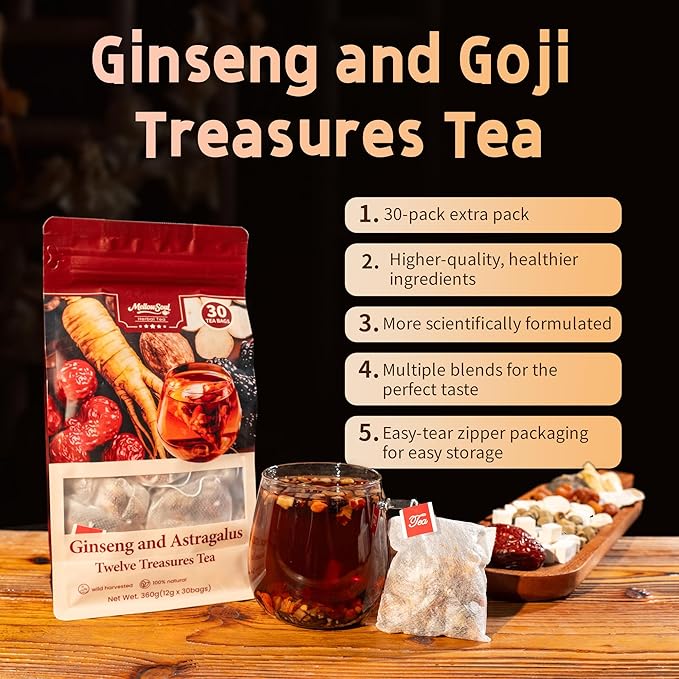 Kidney Tea Formula Ginseng Twelve Treasure Tea -Upgraded Ginseng Five Treasures,Natural Herbal Blend with 12 Traditional Chinese Herbs Kidney , Caffeine-Free,Detox & Cleanse, Liver Support & Energy Boost For Men Women(1 Pack/30 Bags)(Twelve Treasure)