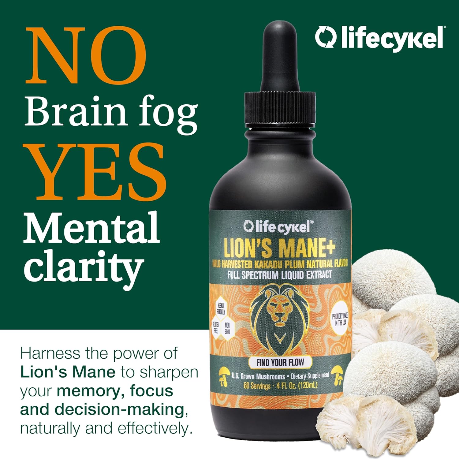 Lifecykel Lion's Mane Mushroom Extract w/Kakadu Plum- Memory Focus Clarity REM Sleep-100% Organic Mushrooms Brain Booster Nootropic Brain Supplement Focus Supplement Made in US, 2 Fl oz (30 Servings)
