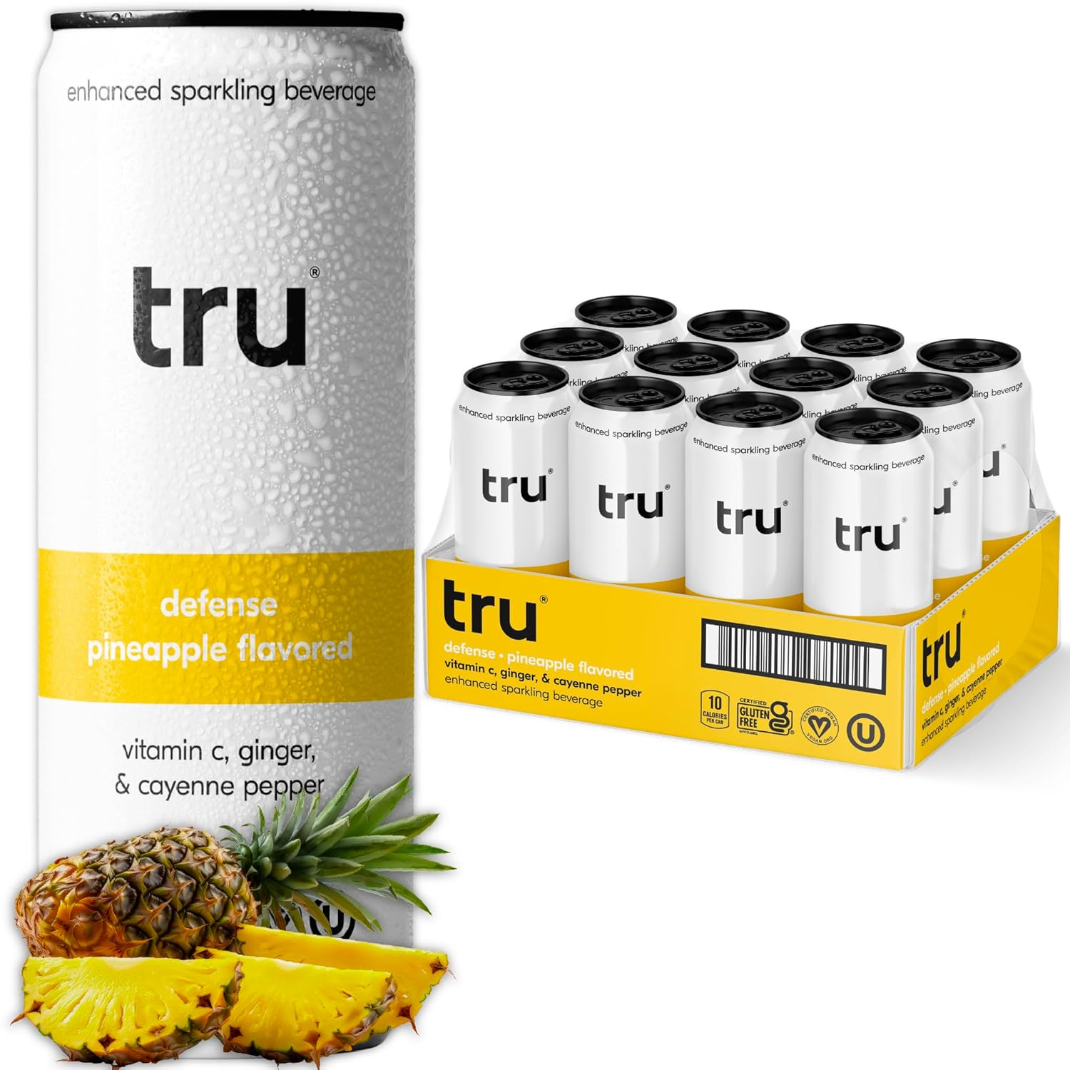 Tru Defense Seltzer, Sparkling Water with Vitamin C, Ginger Extract, Cayenne Pepper & Real Pineapple Juice, Sweetened with Monk Fruit & Stevia, Gluten Free, Vegan, Caffeine Free, 12 FL OZ Can, 12 Pack