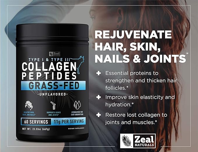 Zeal Naturals Multi Collagen Peptides Powder, 9g Protein Vitamin C Biotin Hyaluronic Acid Collagen for Women and Men, Hair Skin Nails Bone Health Grass-Fed Gluten-Free 45 Servings Unflavored, 14.72oz.