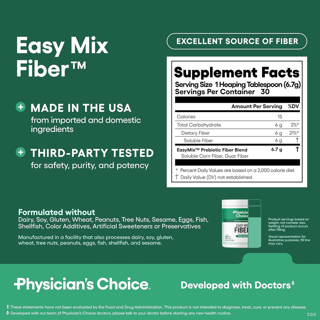 Physician's CHOICE Easy Mix Fiber for Digestive Health & Regularity - No Grit, Sugar Free, & Tasteless - Daily Prebiotic Soluble Fiber Powder Supplement for Women and Men - Unflavored - 7.1oz