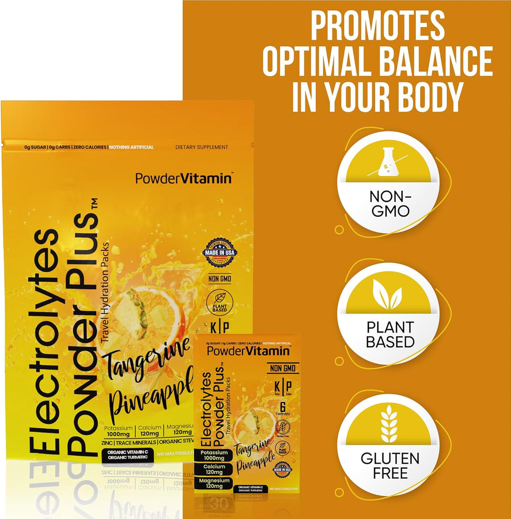 PowerVitamin Electrolytes Powder Packets - Tangerine Pineapple - Keto Electrolytes for Daily Energy - Hydration Powder with 1000mg Potassium, 120mg Magnesium, Zero Calories - 30 Hydration Packets