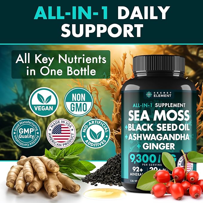 Secret Element Irish Sea Moss Black Seed Oil Ashwagandha Ginger, 20,000mg Capsules, Seamoss Black Seed Oil Ashwagandha Burdock Root, All in One Supplement, 120 Capsules, Pack of 2