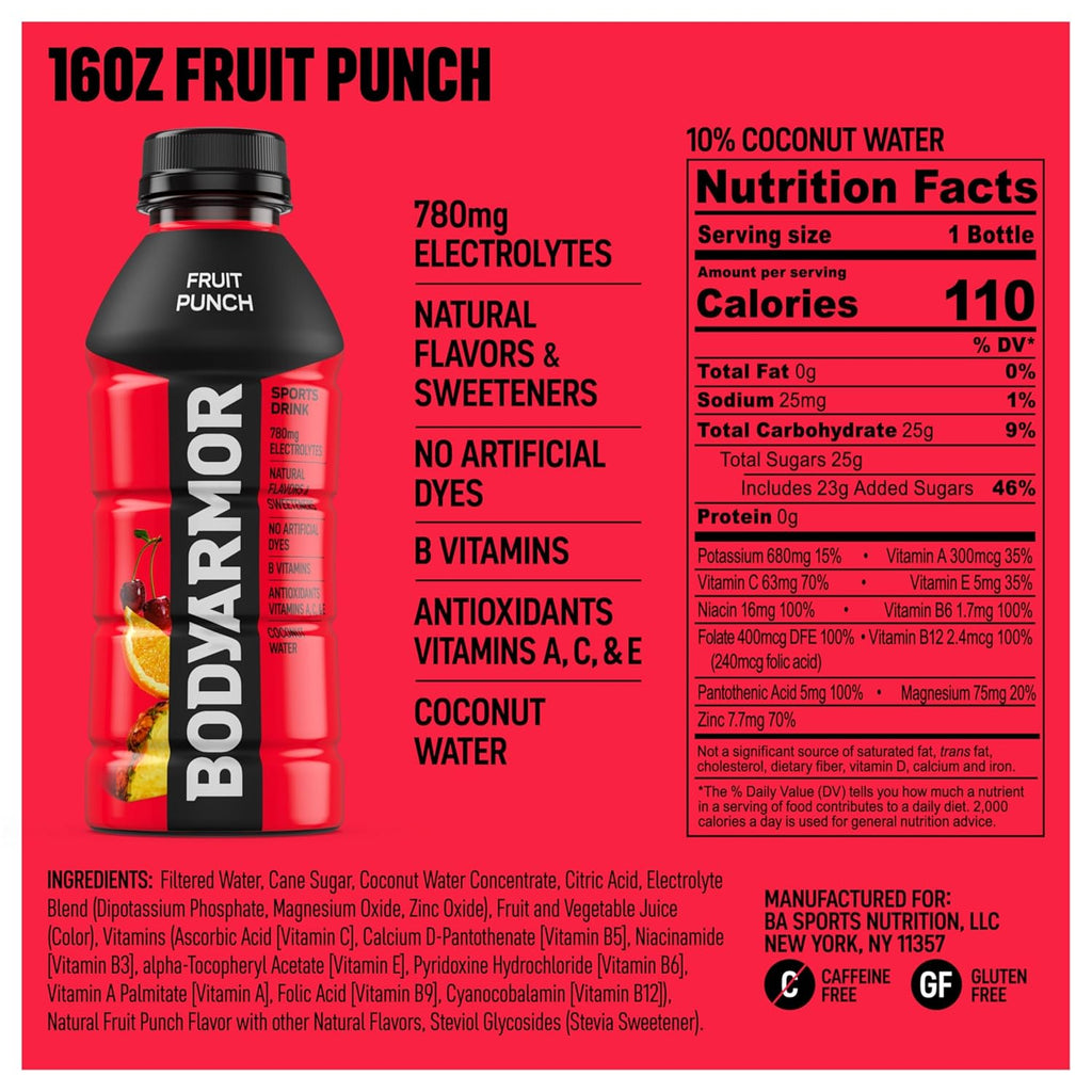 BODYARMOR Sports Drink Sports Beverage, Fruit Punch, Coconut Water Hydration, Natural Flavors With Vitamins, Potassium-Packed Electrolytes, Perfect For Athletes, 16 Fl Oz (Pack of 12)