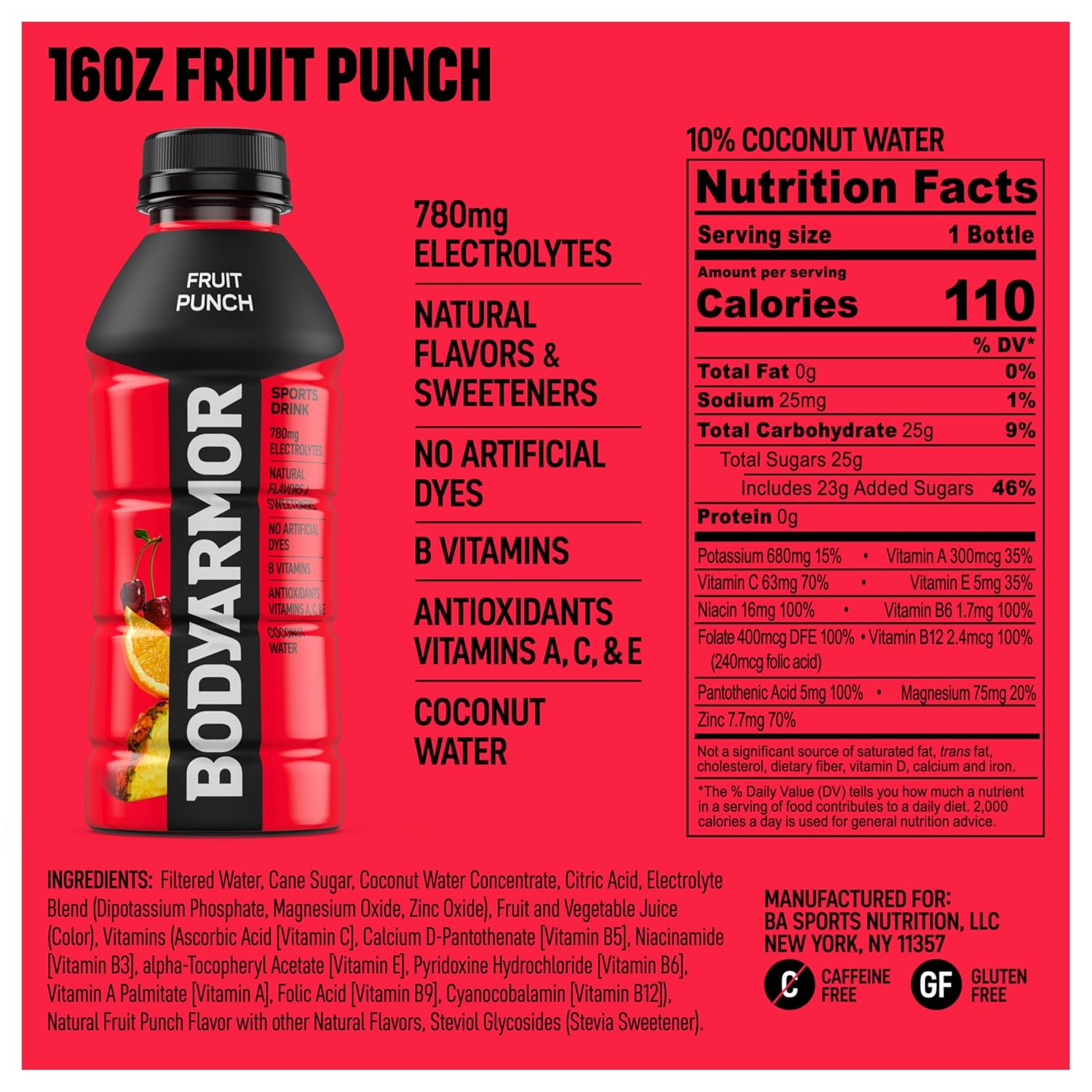 BODYARMOR Sports Drink Sports Beverage, Fruit Punch, Coconut Water Hydration, Natural Flavors With Vitamins, Potassium-Packed Electrolytes, Perfect For Athletes, 16 Fl Oz (Pack of 12)