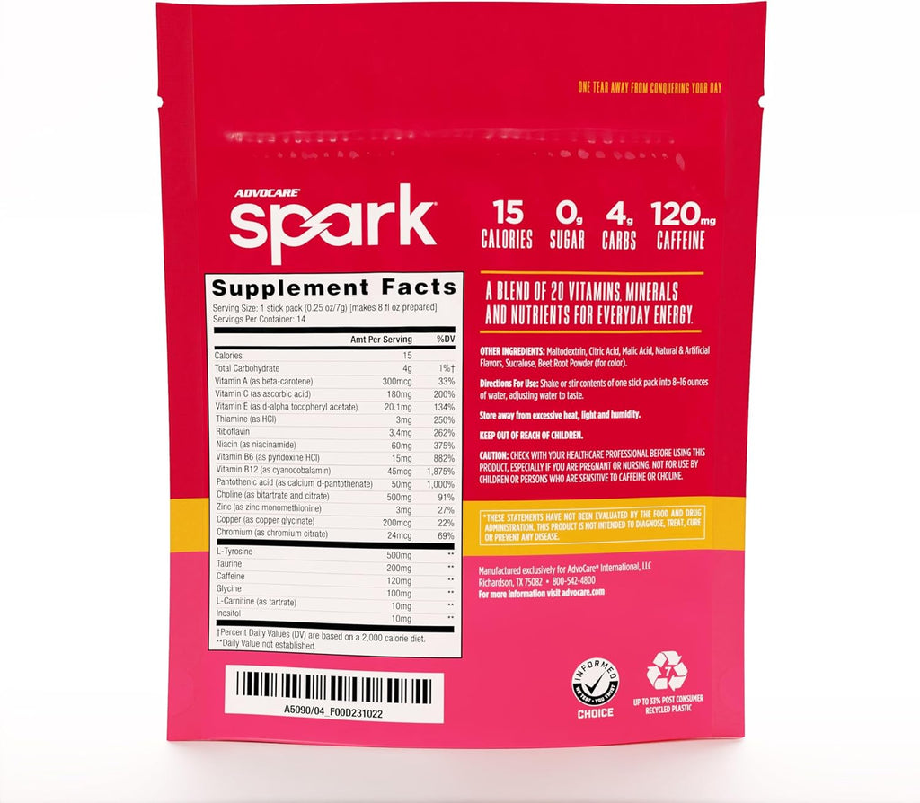 AdvoCare Spark Vitamin & Amino Acid Supplement - Focus & Energy Drink Powder Mix with Vitamin A, B-6, C & E - Also Includes L-Carnitine & L-Tyrosine - Cranberry Peach Orange, 14 Stick Packs