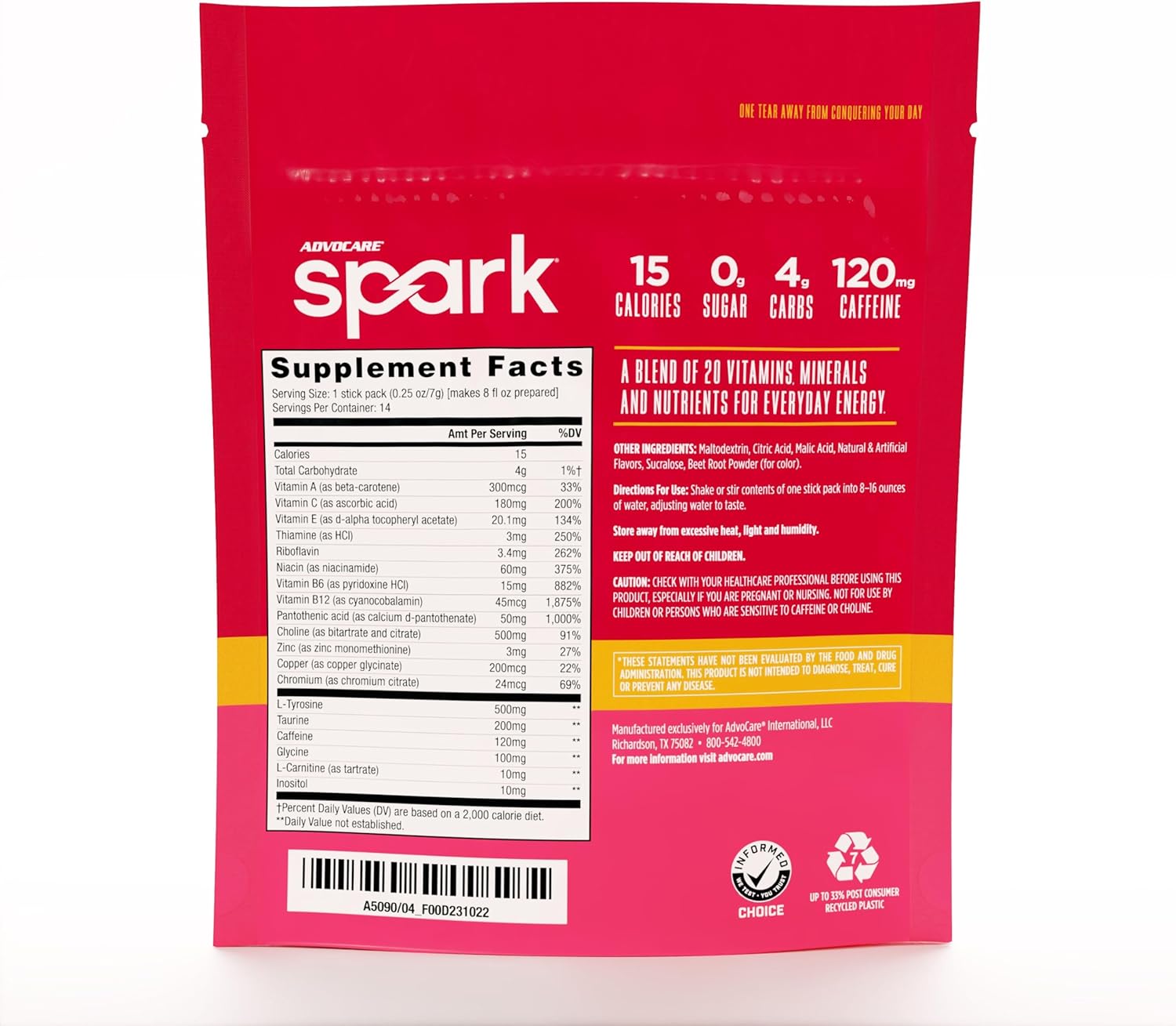 AdvoCare Spark Vitamin & Amino Acid Supplement - Focus & Energy Drink Powder Mix with Vitamin A, B-6, C & E - Also Includes L-Carnitine & L-Tyrosine - Cranberry Peach Orange, 14 Stick Packs