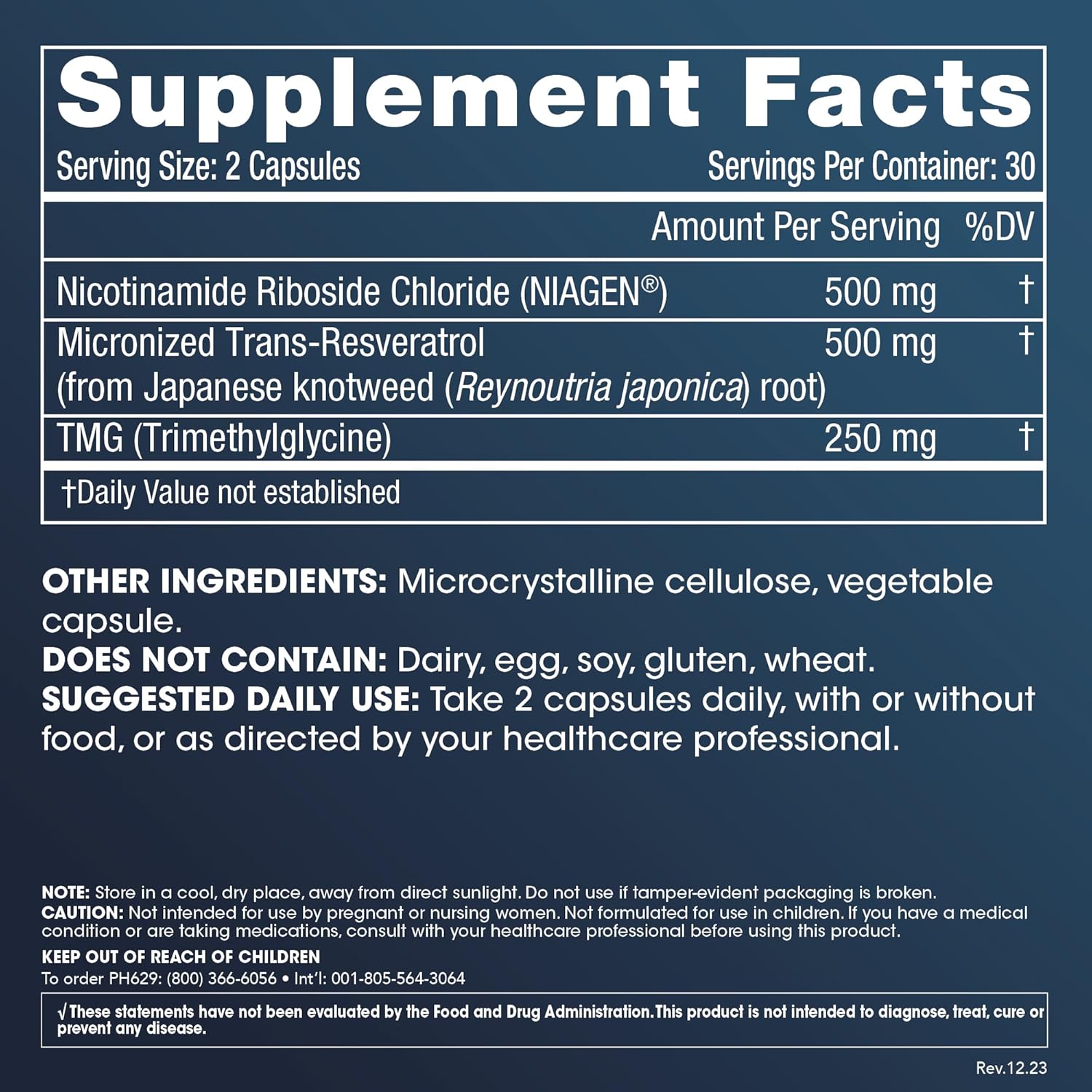 ProHealth Nicotinamide Riboside Pro Complete NAD+ Supplement. 500mg Patented Niagen NR (The Active Ingredient in NMN), Plus 250mg TMG, Plus 500mg Trans-Resveratrol. Equal to 690mg of NMN. 30 Servings