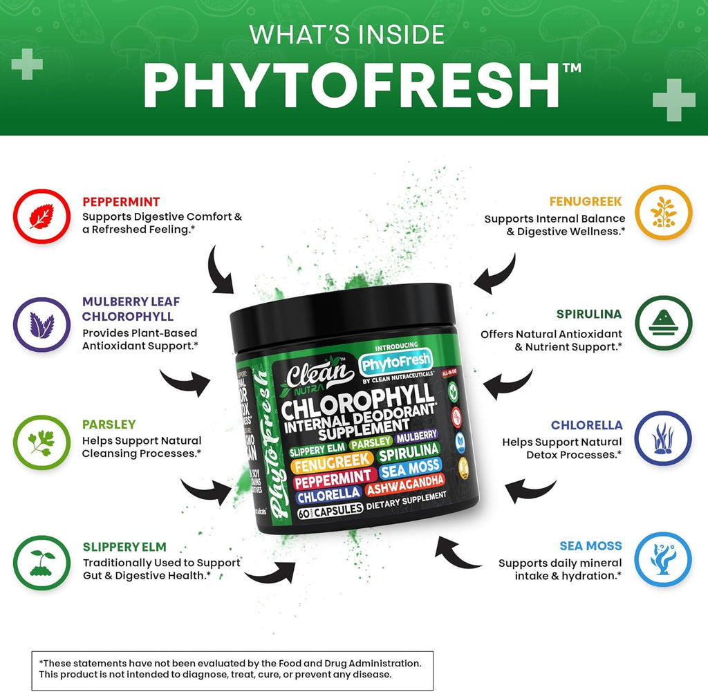 Clean Nutra Chlorophyll Capsules Supplement Internal Deodorant Peppermint, Sea Moss, Parsley, Chlorella, Spirulina, Slippery Elm, Ashwagandha, PhytoFresh Greens Detox Pills