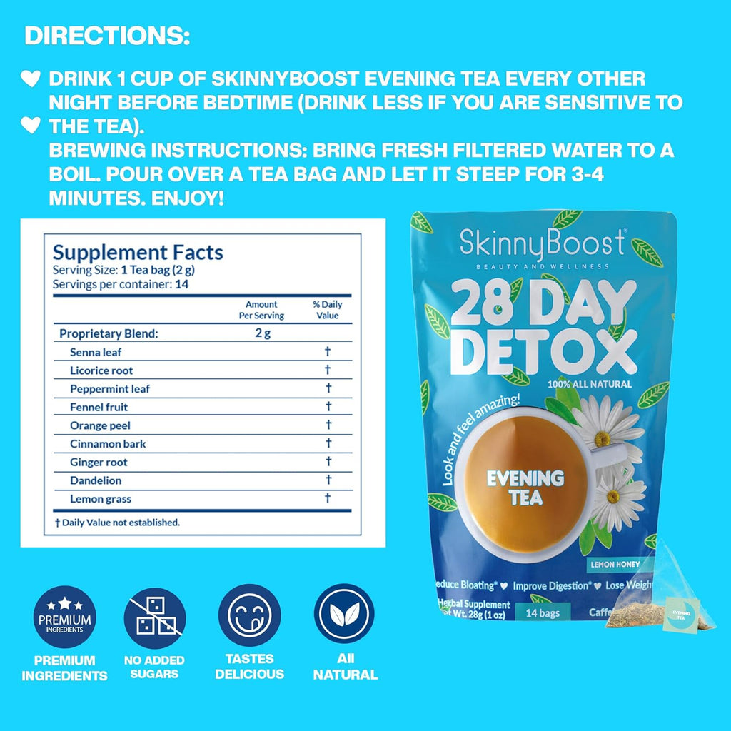 Skinny Boost Evening Tea (2 Pack) 28 Tea Bags Total, Supports Detox and Cleanse, Reduce Bloating, All Natural, Vegan