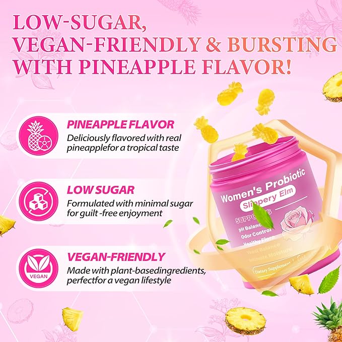 Her Juicy Feminine Probiotics Gummies for Women, Supports Natural pH Balance, Immune Health & Digestive Wellness with Slippery Elm - 60 Pineapple Gummies