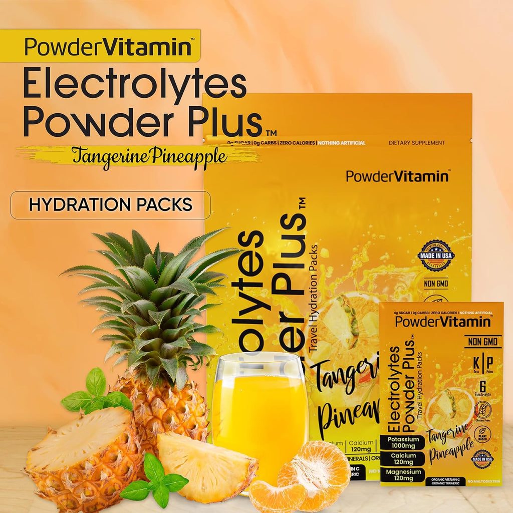 PowerVitamin Electrolytes Powder Packets - Tangerine Pineapple - Keto Electrolytes for Daily Energy - Hydration Powder with 1000mg Potassium, 120mg Magnesium, Zero Calories - 30 Hydration Packets