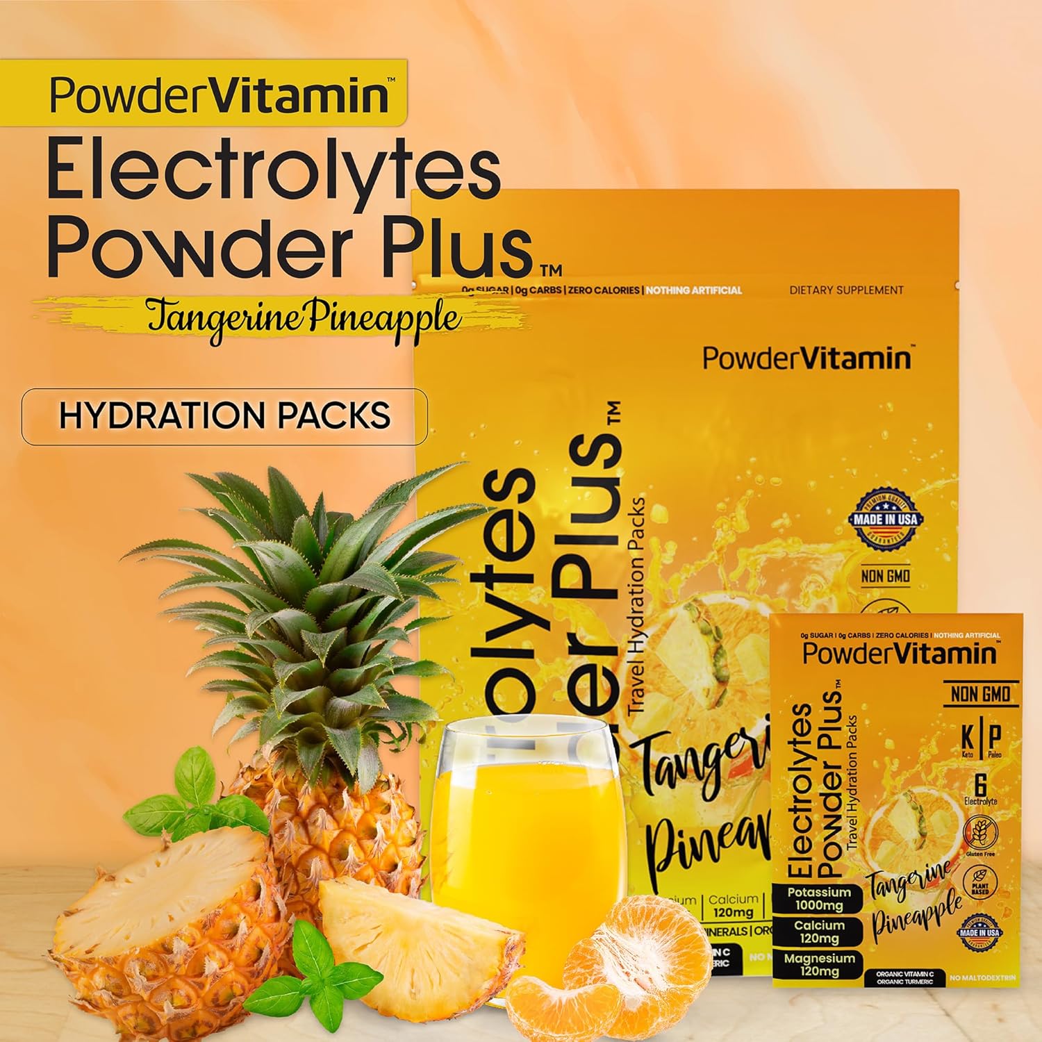 PowerVitamin Electrolytes Powder Packets - Tangerine Pineapple - Keto Electrolytes for Daily Energy - Hydration Powder with 1000mg Potassium, 120mg Magnesium, Zero Calories - 30 Hydration Packets