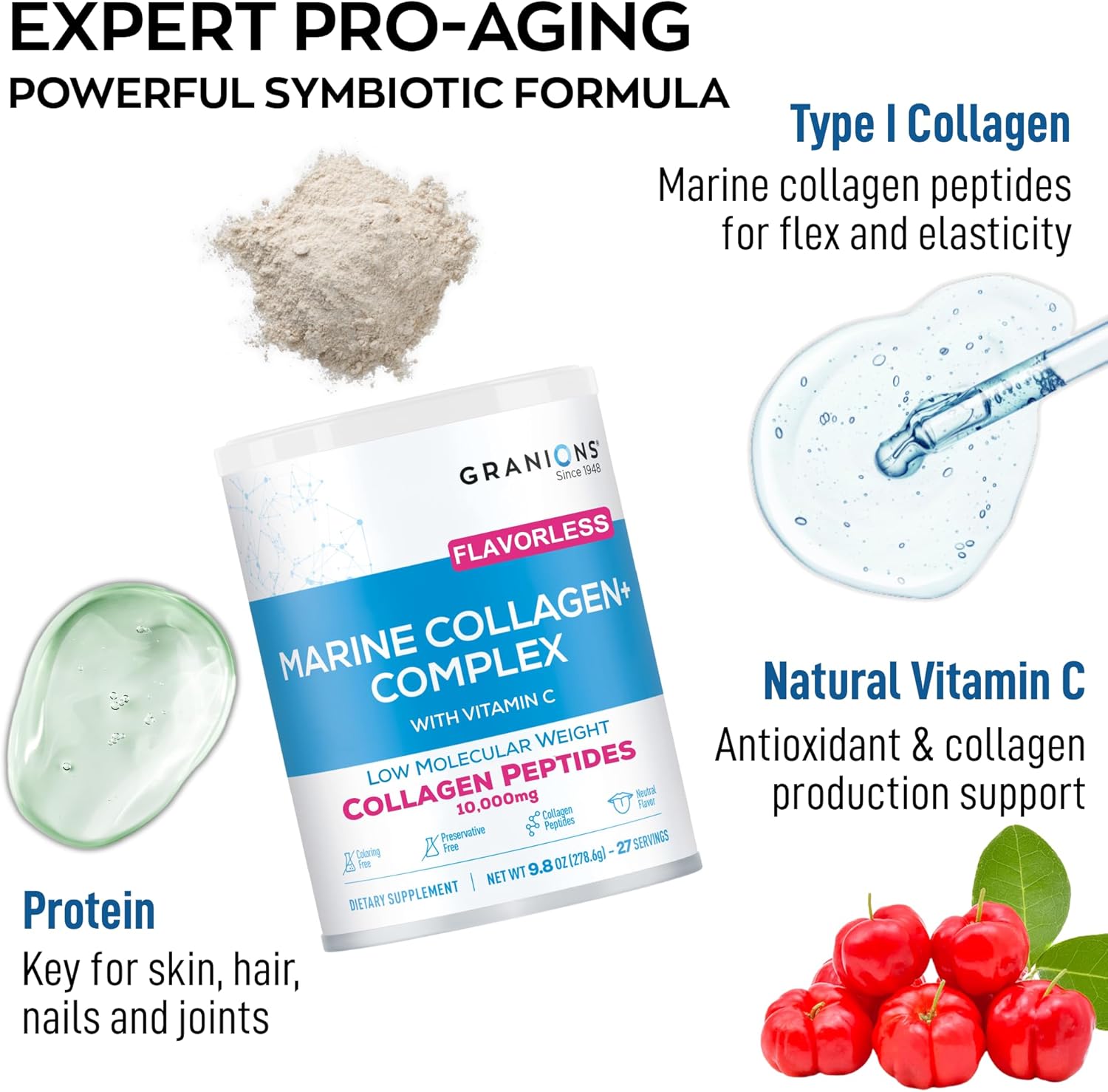 Marine Collagen Powder Unflavored - 10g Type I Hydrolyzed Collagen Peptides with Natural Acerola Vitamin C Antioxidant - Hair, Skin, Nails Vitamins for Women & Men- Pro-Aging Beauty Supplement - 9.8oz