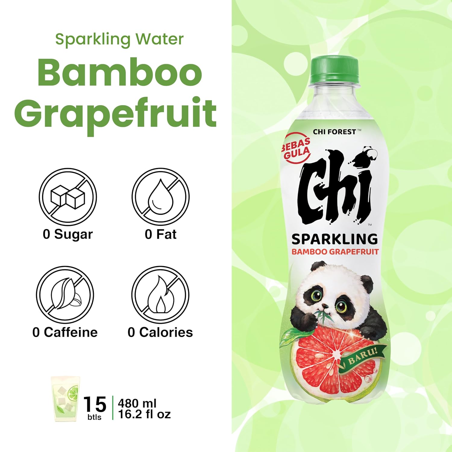 CHI FOREST Flavored Sparkling Water Beverage, Bamboo & Grapefruit, Zero Sugar, 16.2 fl oz Bottles (pack of 15)