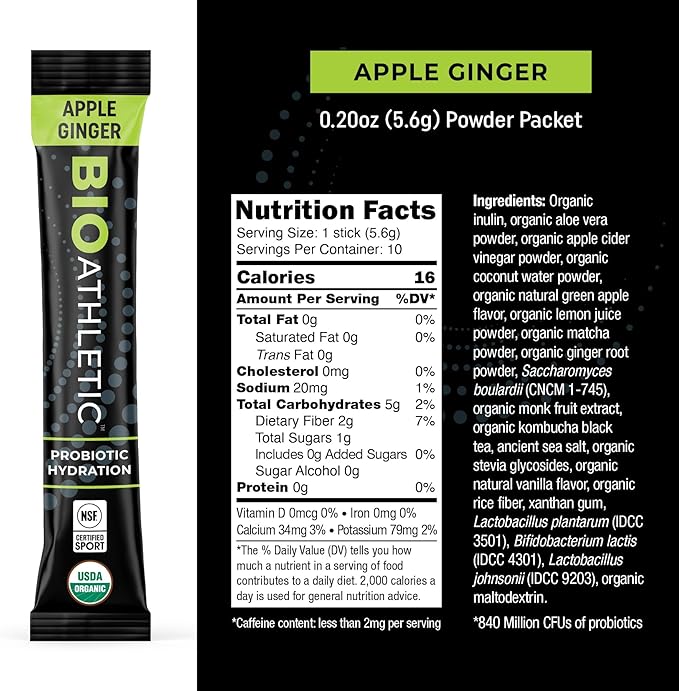 Probiotic + Electrolyte Hydration Drink Mix, with Vitamins D & B12, USDA Organic, NSF Certified for Sport, Subtle Apple Ginger Flavor, Naturally Light Taste, 10 Sticks