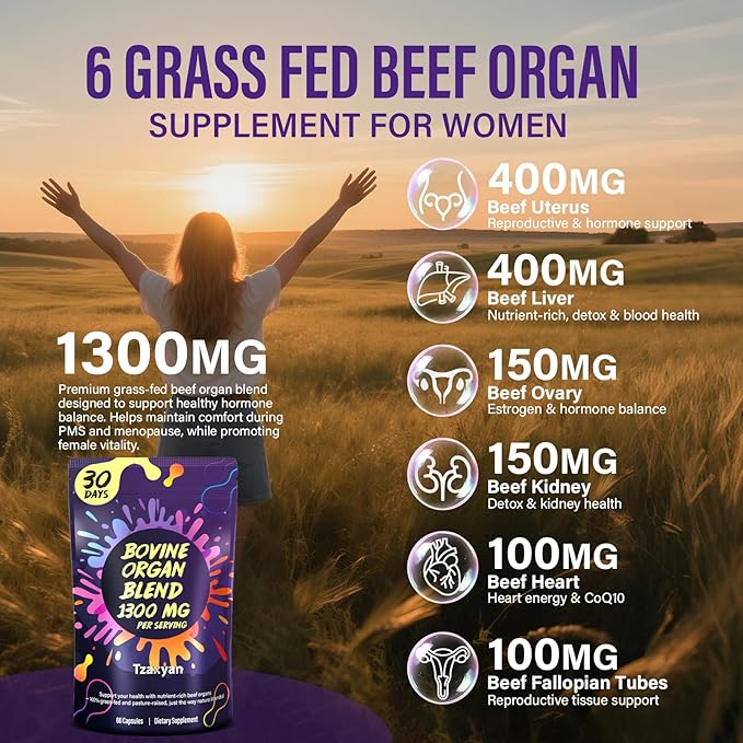 1300MG Beef Organ Supplement for Women, 100% Grass Fed Beef Liver, Uterus, Ovary & 3 More, Bovine Organ Capsules for Supports Women's Overall, Endocrine Balance, Energy, Immunity, 30 Days