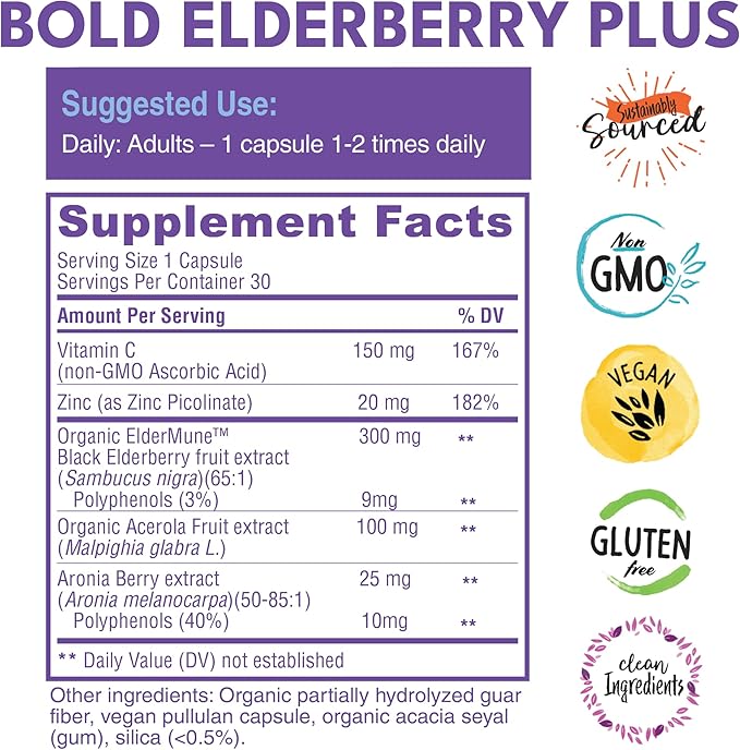 Bold Botanica Elderberry Plus – 65x Concentrated Black Elderberry Capsules with Vitamin C and Zinc for Adults for Daily Immune Support Supplement & Seasonal Wellness, Non-GMO – 30 Vegan Capsules