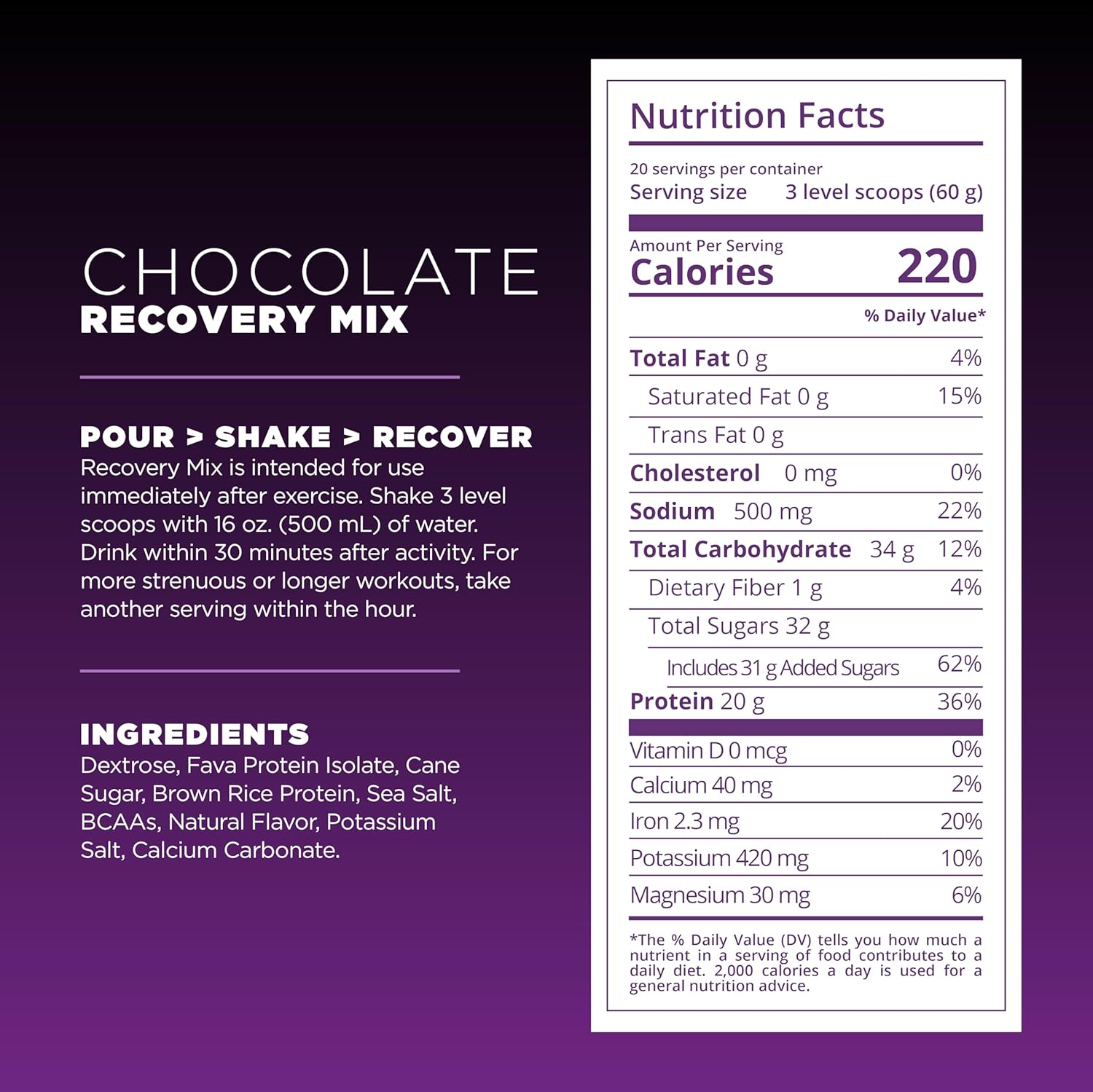 Tailwind Nutrition Recovery Mix, 20 Grams Complete Protein, Carbohydrates, and Electrolytes Powder Drink Mix for Post-Workout, Free of Gluten, Soy, and Dairy, Vegan, 20 Servings, Chocolate