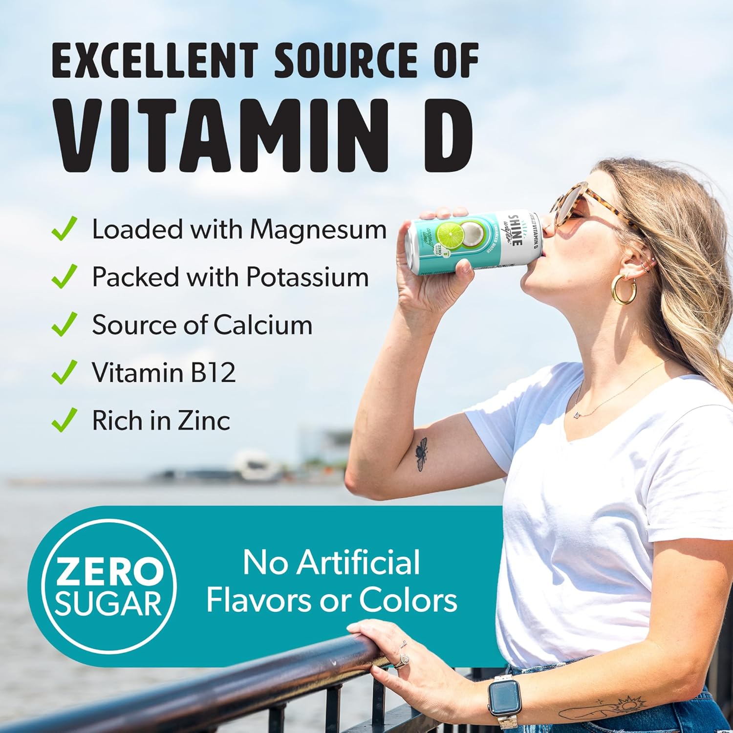 ShineWater Vitamin D Hydration Electrolyte Drink - Flavored water with electrolytes, Sugar-Free, Magnesium, Zinc, Vitamin B12, Folic Acid, Plant-Based, Low Calorie - Coconut Lime Fruit Water 12 Pack