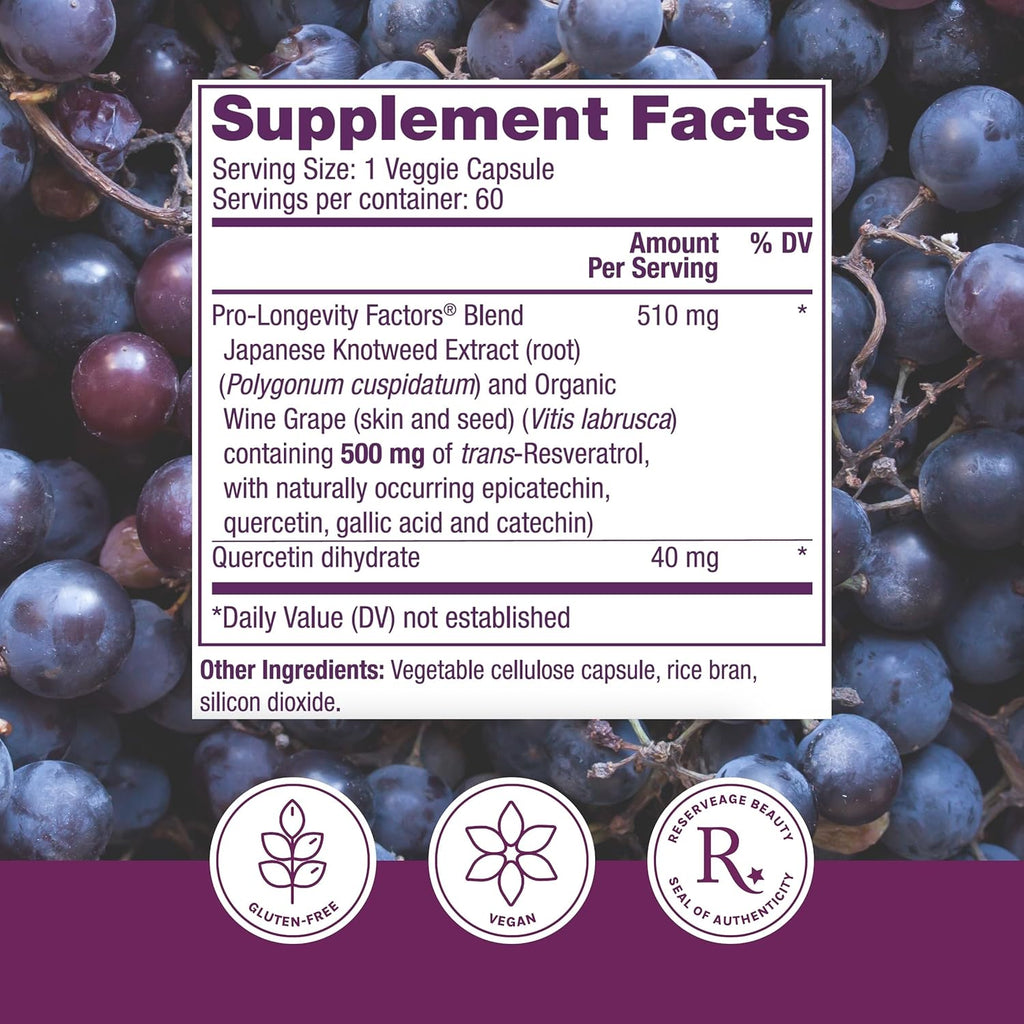 Reserveage Beauty, Resveratrol 500 mg, Antioxidant Supplement for Heart and Cellular Health, Supports Healthy Aging and Immune System, Paleo, Keto, 60 Capsules
