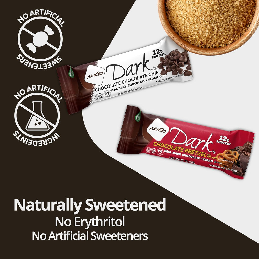 NuGo Dark Variety - Pretzel w/Sea Salt 12 bars & New! Chocolate Almond w/Sea Salt 12 bars, 12g Protein Bar, Vegan, Gluten Free, Non-GMO, Kosher Pareve, 24 count