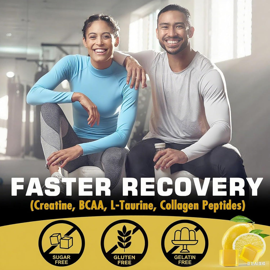 Creatine Monohydrate Gummies for Men & Women - with BCAA, Collagen Peptides, L-Taurine, Vitamin B12, D3, Creatine Monohydrate 5000mg (5g) Per Serving, Lemon Flavor, Sugar Free, 1 Pack