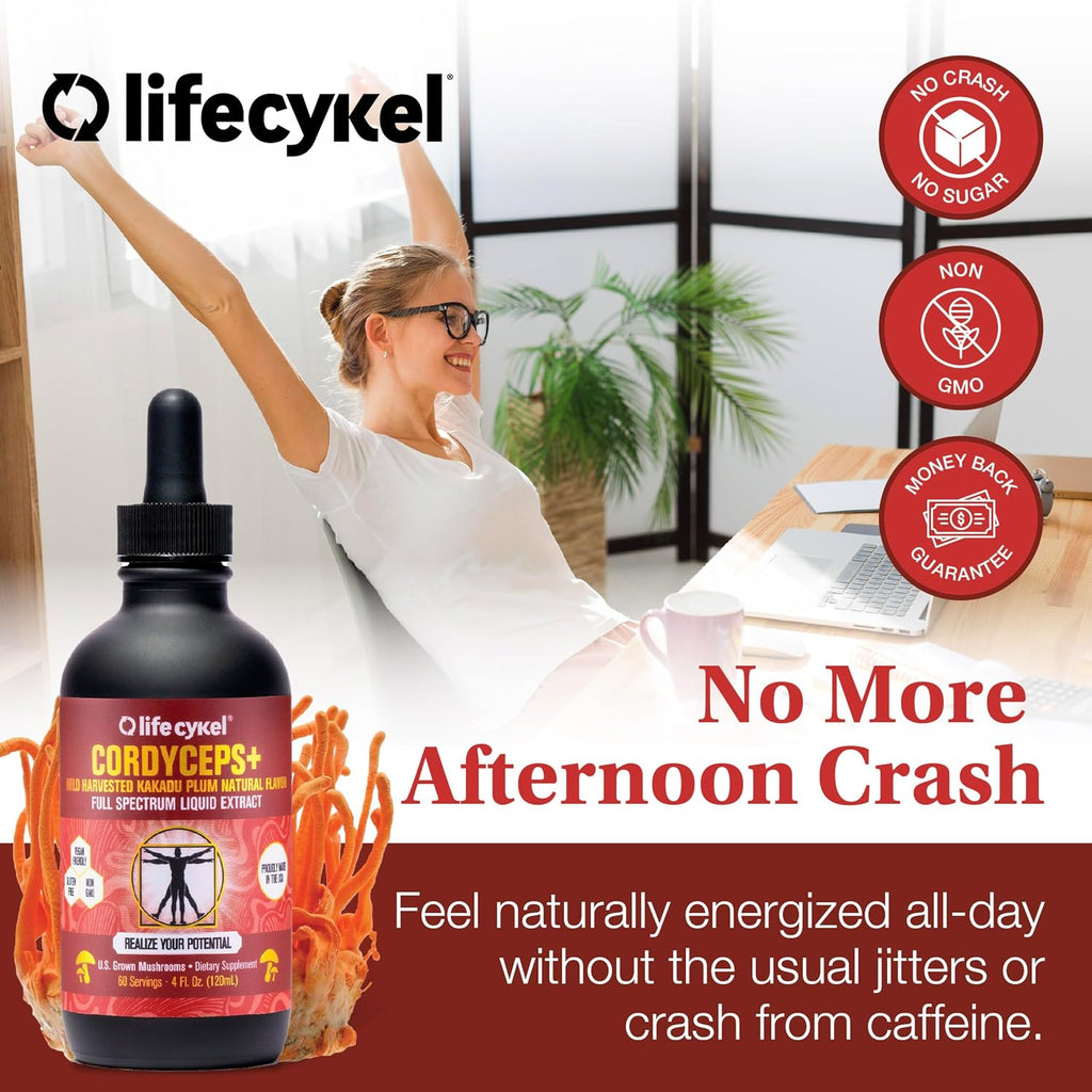 Lifecykel Cordyceps Mushroom Extract with Kakadu Plum - Energy, Stamina & Vitality Support, Natural Aging Supplement - Non-GMO and Vegan Tincture - 1Fl Oz