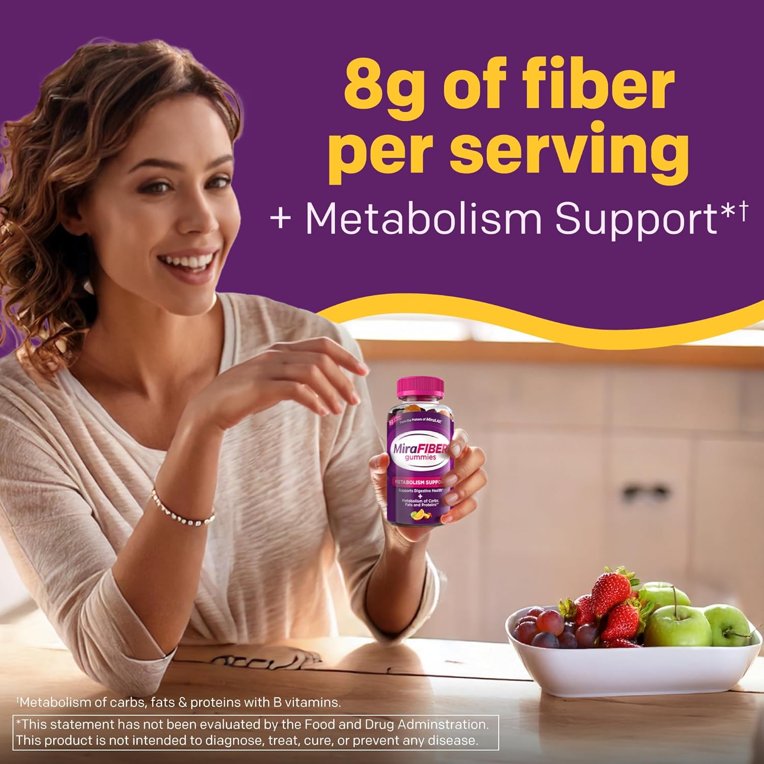 MiraFIBER Gummies from the Makers of MiraLAX, 8g of Daily Fiber Per Serving, Metabolism Support with B Vitamins, Gut Health for Men & Women, Prebiotic Fiber Gummies for Adults, Mixed Fruit Flavor 72Ct