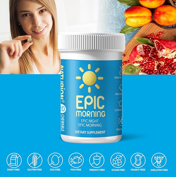 Epic Morning - Liver Detox & Repair Supplement with DHM, Milk Thistle, Vitamin C, B1, B2 & Pomegranate - Natural Pomegranate & Peach Flavor - 20 Chewable Tablets for Liver Support & Morning Recovery