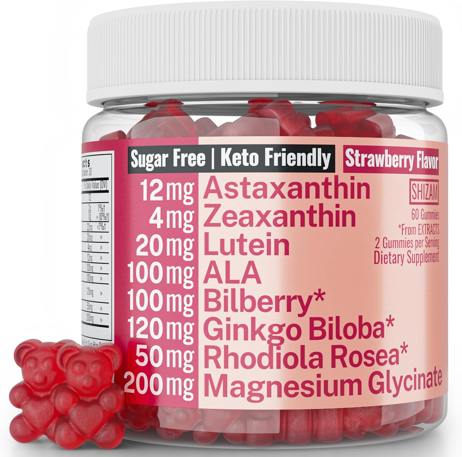 Rhodiola Rosea ALA Ginkgo Biloba Astaxanthin Lutein Zeaxanthin Bilberry Magnesium Glycinate Gummies for Eyes Brain Kids, Rhodiola ALA Capsules Pills Tincture Supplements Alt, 300mg 24mg 20mg 12mg 40mg