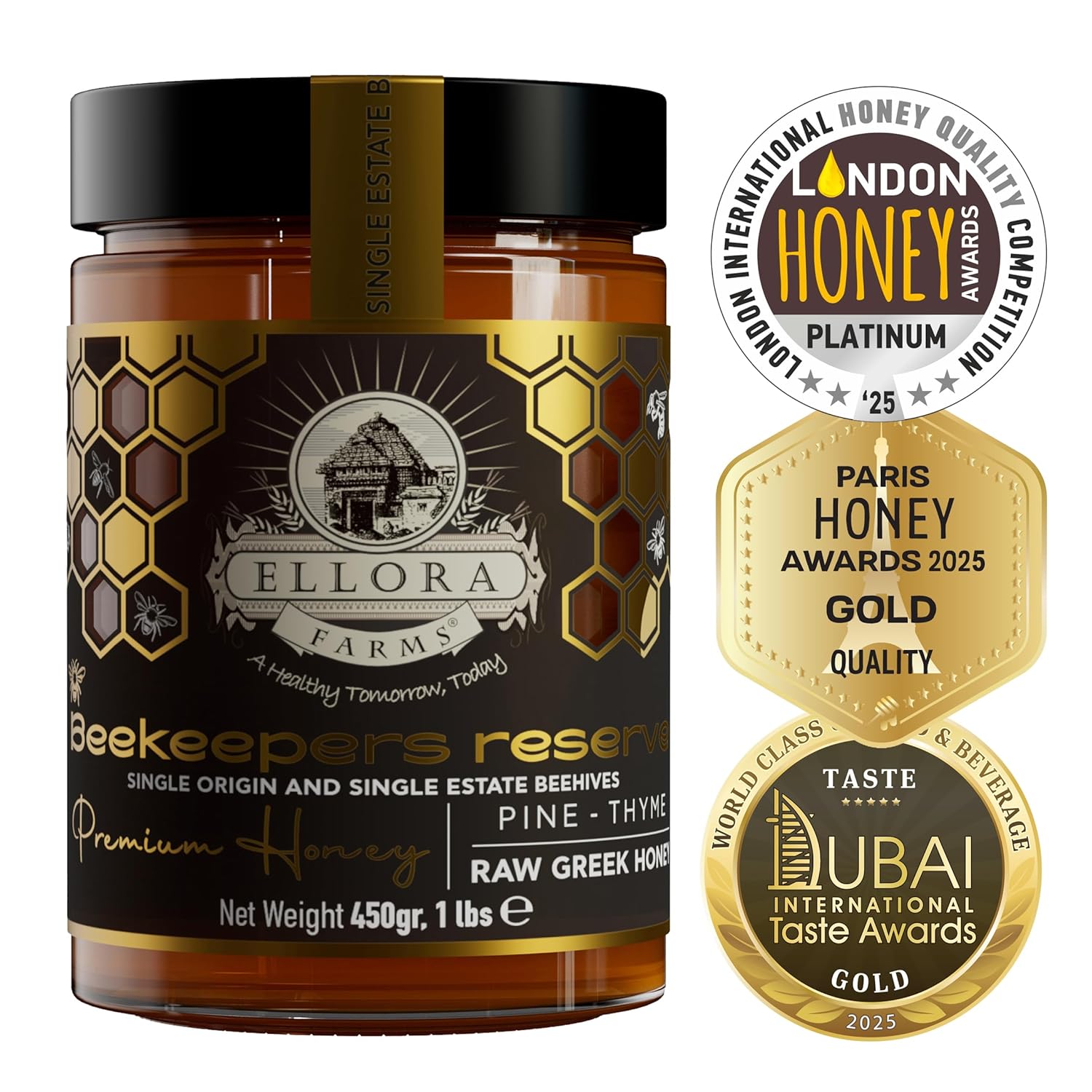 Ellora Farms Single Estate PDO Raw Greek Honey, Pine & Thyme Raw Honey Unfiltered, Beautiful Gift Pack with Dipper, Beekeepers Reserve, Pure Raw & Unfiltered Cold-Pressed, Gluten Free - 450 g