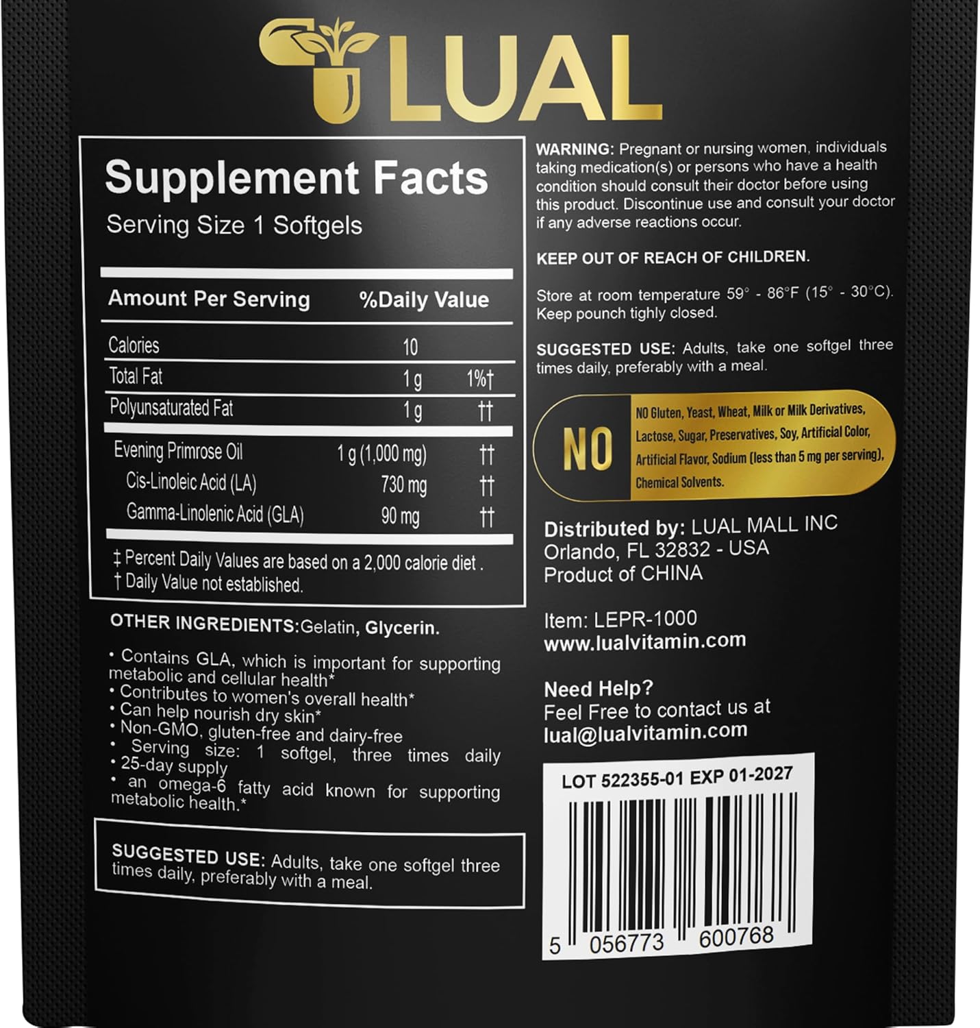 Women's Health Evening Primrose Oil Softgels | Omega-6 Fatty Acid for Women's Health | Lual Evening Primrose Oil Capsules 1000mg 75 Count