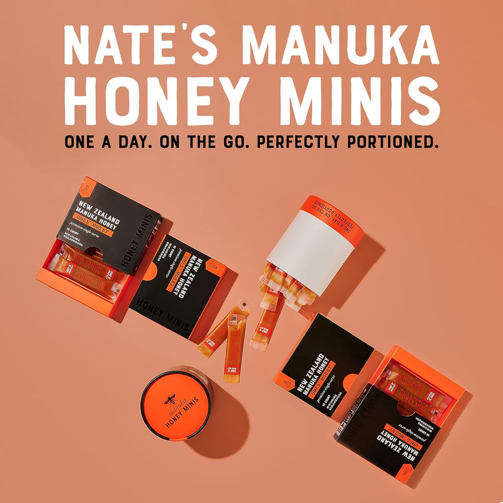 Nate's Manuka Honey Minis - 10 count Single-serve, Pure Manuka Honey - MGO 83+ | UMF 5+ Certified - 10 Single-Serve Packets for On-the-Go Daily Wellness