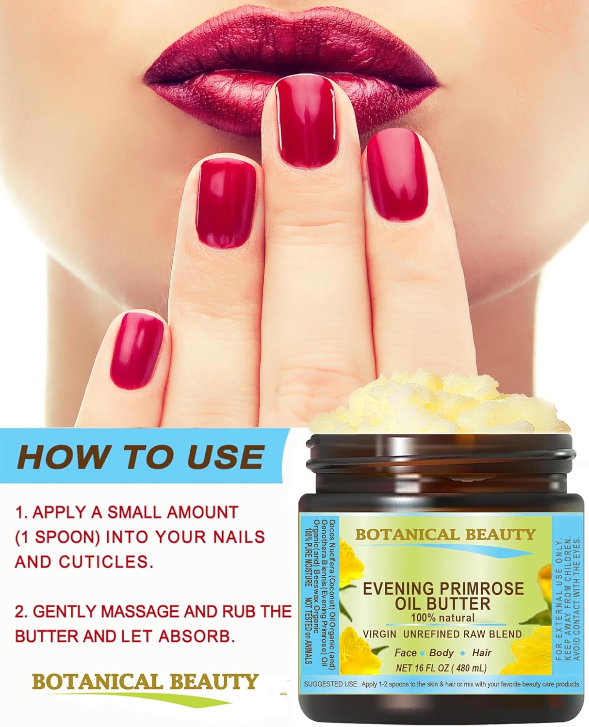 Botanical Beauty EVENING PRIMROSE OIL BUTTER Pure Natural Virgin Unrefined RAW for FACE, SKIN, BODY, DAMAGED HAIR, NAILS. (8 Fl Oz)