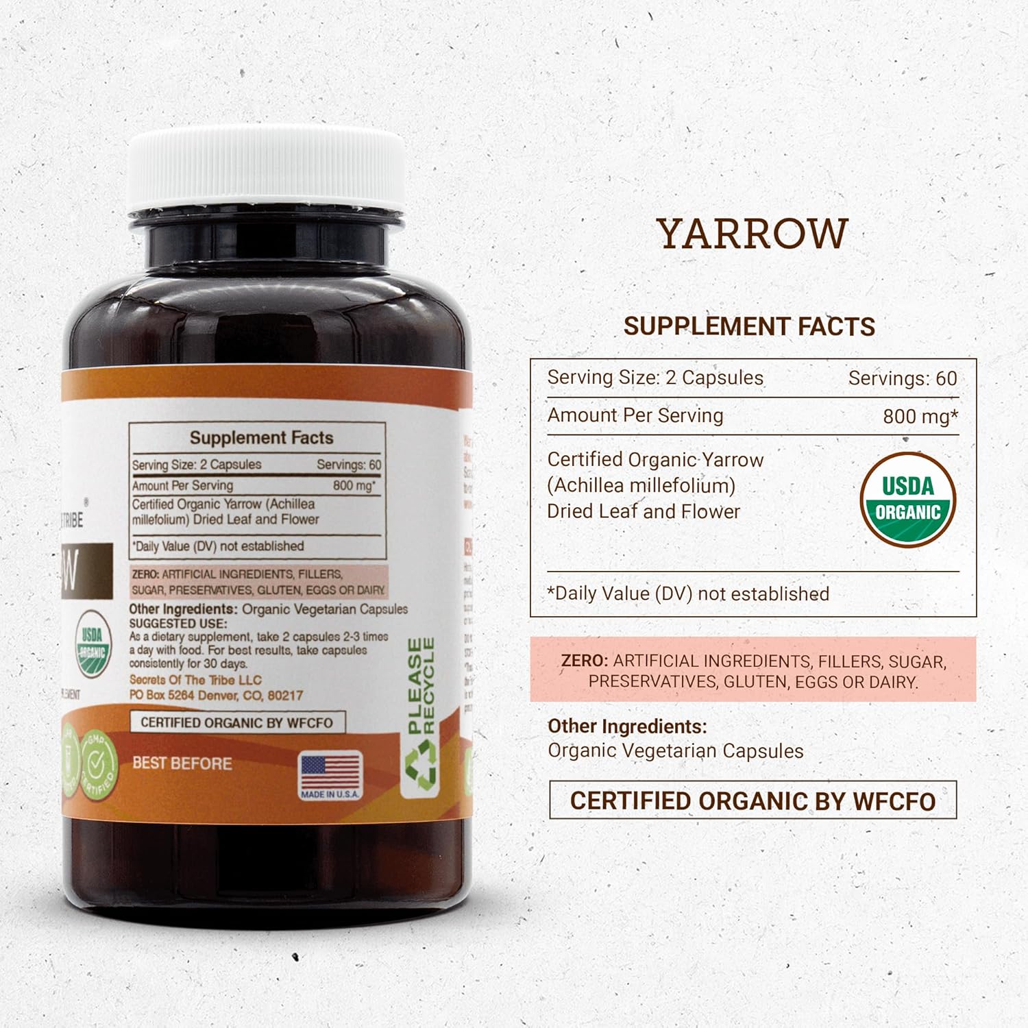 Secrets of the Tribe Yarrow 120 Capsules, 800 mg, USDA Organic Yarrow (Achillea millefolium) Dried Leaf and Flower (120 Capsules)