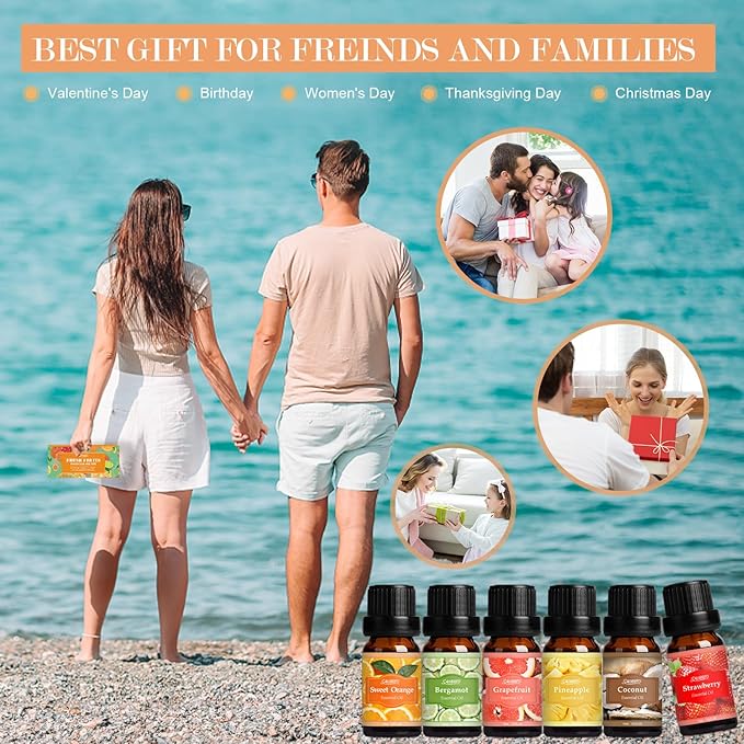 SALUBRITO Fresh Fruit Fragrance Oils Set, Essential Oils for Diffuser, Candle, Soap Making - Strawberry, Sweet Orange, Pineapple, Coconut, Bergamot, Grapefruit, 6X10ml