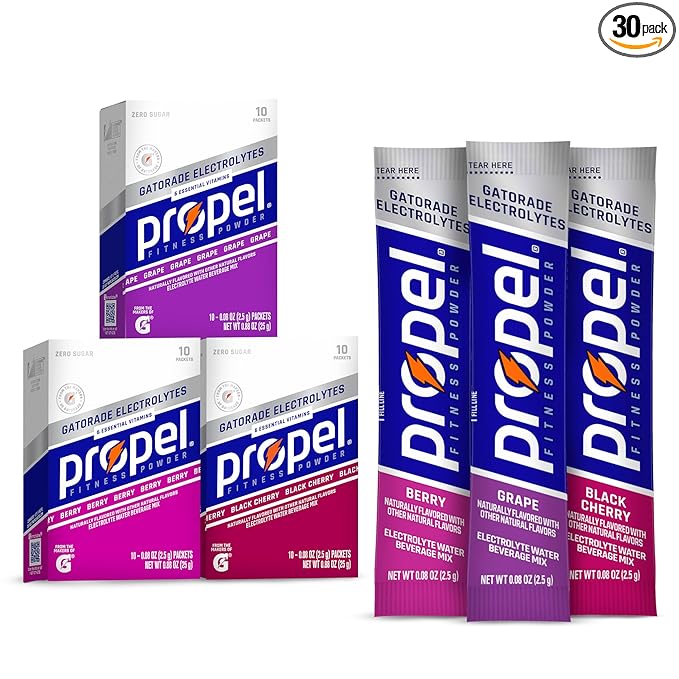 Propel Electrolyte Enhanced Water Drink Mix Powder Packets, Grape Variety Pack, Zero Calorie & Sugar Hydration with Vitamins C & E (30 Packets)